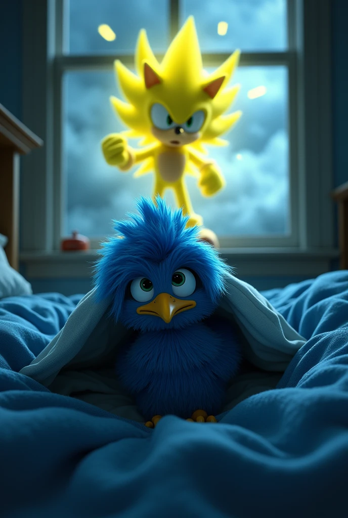 Blue chicken under the bed scared of storm and strong yellow sonic outside the window 