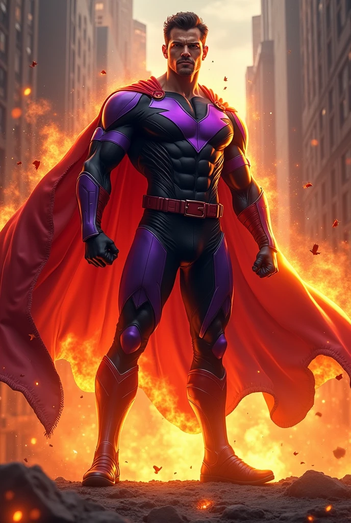 Create a hero with fire powers, purple uniform with black details and a red cape, with the character&#39;s traits, masculine, xmen, it&#39;s ok