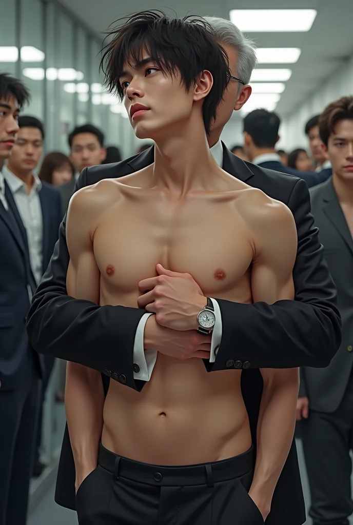 Realistic、Cute handsome man、Idol face、、Japanese、Slim body、Mash Hair、Completely naked、Full nudity、I was hugged from behind by an old man in a suit.、In an office full of people