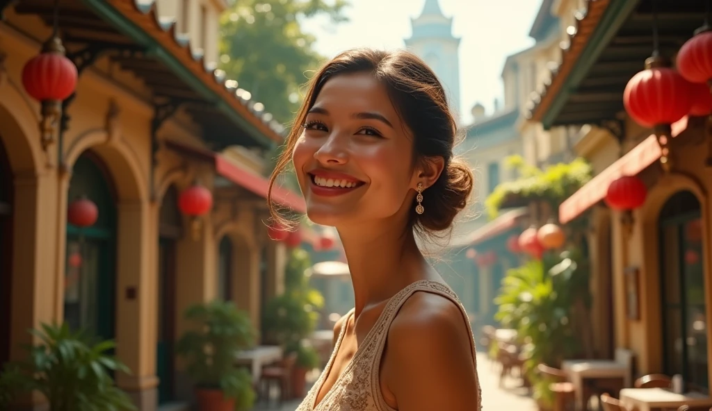 detailed happy people in city, 1girl, beautiful detailed eyes, beautiful detailed lips, extremely detailed face and skin, elegant dress, cinematic lighting, warm color tones, dramatic lighting, intricate architecture, lush greenery, detailed cityscape, (best quality,4k,8k,highres,masterpiece:1.2),ultra-detailed,(realistic,photorealistic,photo-realistic:1.37)