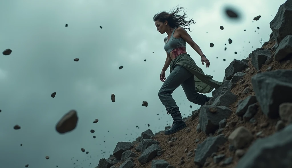 (image of a woman climbing a small hill), (falling stones), (dramatic gray sky), (woman with torn and bleeding clothes) determined expression, hair in the wind, earthy tones, rough terrain, dark environment, feeling of struggle, (dynamic movement), ultra-detailed and atmospheric lighting, high energy, the cold brute force of nature, evocative and intense.