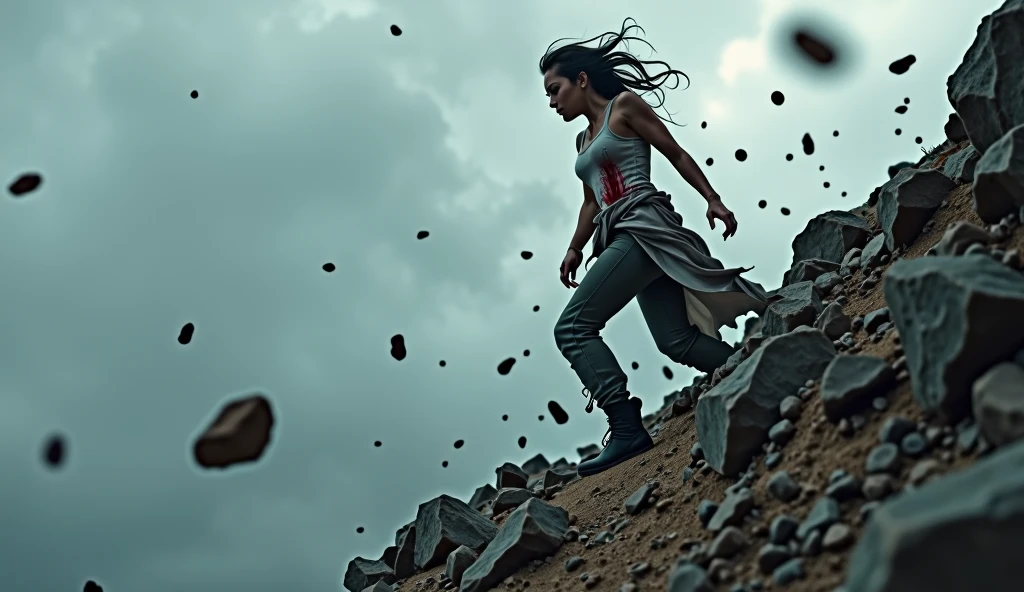 (image of a woman climbing a small hill), (falling stones), (dramatic gray sky), (woman with torn and bleeding clothes) determined expression, hair in the wind, earthy tones, rough terrain, dark environment, feeling of struggle, (dynamic movement), ultra-detailed and atmospheric lighting, high energy, the cold brute force of nature, evocative and intense.