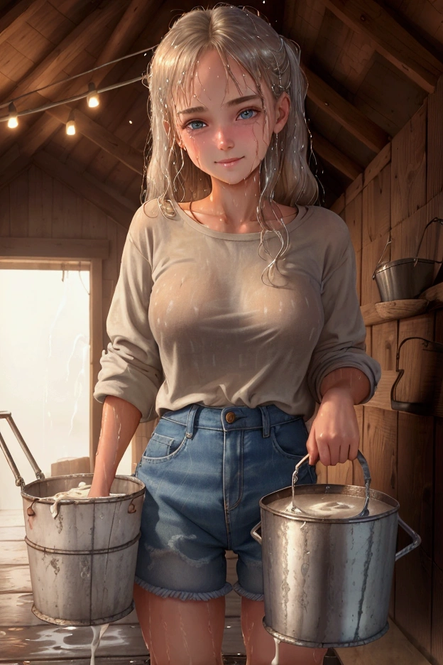 a girl 15 years, 145 cm tall, beautiful, with soft European features, light blonde hair, average sized ass, average sized breasts, wearing short jean shorts, (wearing plaid shirt: 1.2), wearing short boots, inside the barn, (girl wet with milk: 1.3), (holding an aluminum bucket: 1.3), looking at the viewer, (with his back to the observer: 1,3), smiling sensually at the viewer.