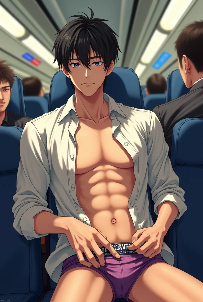 Realistic、Cute handsome man、Idol face、、Japanese、Slim body、Mash Hair、Torn and open shirt、Six-pack、A crowded train、Colorful thin boxer briefs、The old man next door puts his hand inside his briefs、Being touched all over the body、Old man grabs bulge in boxer briefs、The old man next to me touches my boxer briefs、Sad look