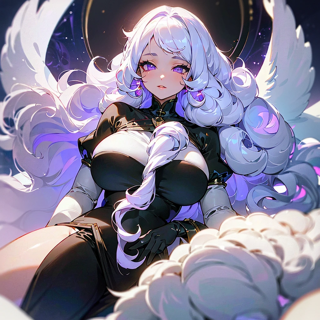 ((ultra quality)), ((masterpiece)), ((Angelic beauty woman)), ((long white curly hair)), ((White hair)), ((fluffy white hair)), ((curly hair)), (beautiful face), (beautiful thick lips), Enchanting ((Calm facial expression)), looks at the camera with a slight smile, (White skin color), (White skin), glow on the body, ((detailed eyes)), ((sheep)), ((violet eyes)), (juicy female lips), (dark eyeliner), (beautiful female hands), ((thick body)), ideal female body, beautiful waist, beautiful big hips, big breasts, thick thighs, ((Divine and beautiful)) (), ((depth of field)), ((high quality clear image)), (delete details), ((High detail)), ((clear focus))