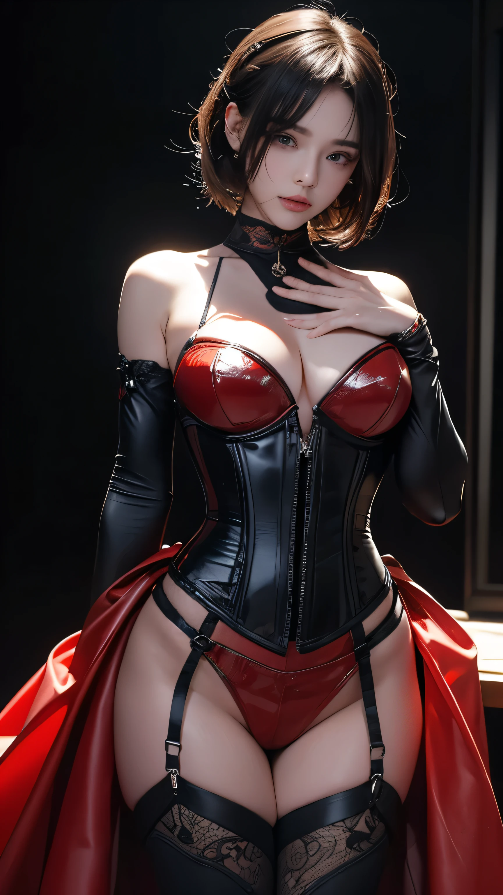 masterpiece, Highest quality, Very detailed, To the camera, Very detailed, Realistic, Sharp features, Very detailed, Sharp focus, Perfect Face, Perfect Face, Perfect symmetry and perfect eyes, Perfect Plump Lips, Flexible female form, cinematic, Film Light, Very detailedな, hyper Realistic, masterpiece, Atmospheric, High resolution, Vibrant, Dynamic Studio Lighting, ((Dark Background)), The facial expression when feeling happy, handcuffs, BDSM, slave, Rubber, Red Corset, (赤いfirst round), ((Highest quality, 8k, masterpiece: 1.3)), Sharp focus: 1.2, Beautiful woman with perfect figure: 1.4, Slim abs: 1.2, Wet body: 1.5, Very detailed face and skin texture, Detailed eyes, double eyelid, Very short hair,((SM lady)),((m嬢)),handcuffs,first round,Red and black outfit