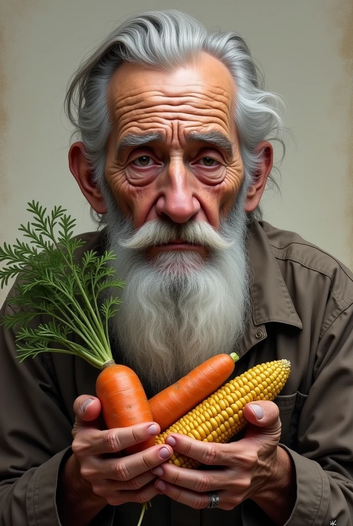 Wide portrait of an elderly man with weathered features. Your skin is wrinkled with age spots, deep lines around the eyes and mouth. He has clear and expressive eyes that convey wisdom and life experiences.. He sports a well-groomed white beard and neatly combed gray hair.. He was holding sweet potatoes, carrot and corn.
