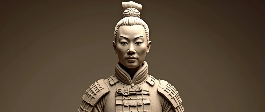 A highly detailed and realistic sculpture of the Terracotta Army, a large collection of terracotta sculptures depicting the armies of the first emperor of China, Qin Shi Huang, 1 girl soldier, intricate armor, lifelike expression, museum quality, cinematic lighting, muted earthy tones, ultra-detailed, 8k, photorealistic