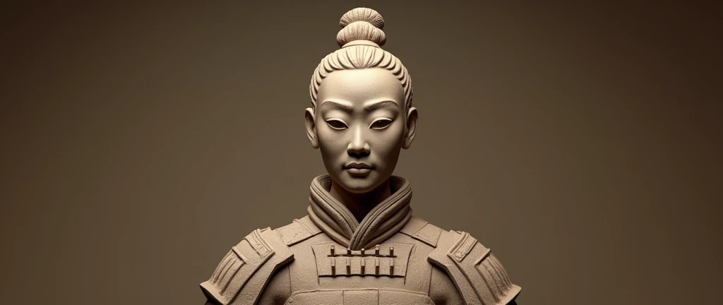 A highly detailed and realistic sculpture of the Terracotta Army, a large collection of terracotta sculptures depicting the armies of the first emperor of China, Qin Shi Huang, 1 girl soldier, intricate armor, lifelike expression, museum quality, cinematic lighting, muted earthy tones, ultra-detailed, 8k, photorealistic