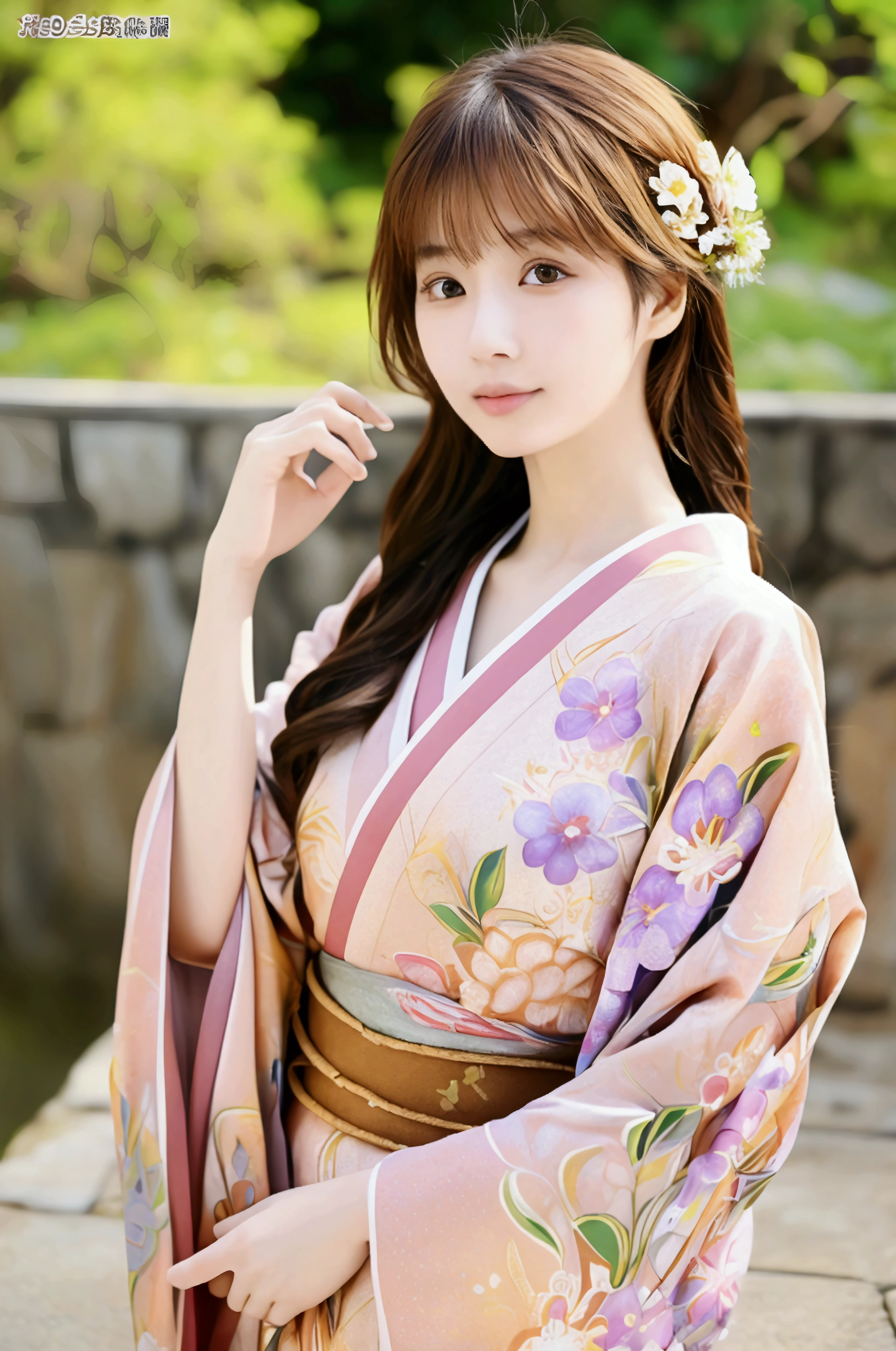 Okinawa, Ryukyu, front, 最high quality、high quality、Best image quality、8k、最High resolution、High resolution、Realistic photos, Healthy body, Beautiful Eyes, flowing brown hair, Colorful kimono, Calm expression, Soft lighting, Traditional Japanese art style, Vibrant colors, Peaceful atmosphere, Delicate features, Graceful posture, Beautiful Landscape, 1