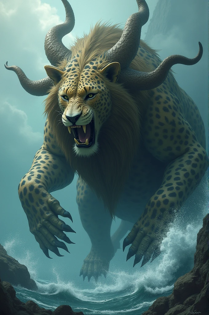 Create a beast out of the sea, with seven heads and ten horns. The beast was similar to a leopard, with the feet of a bear and the head of a lion
