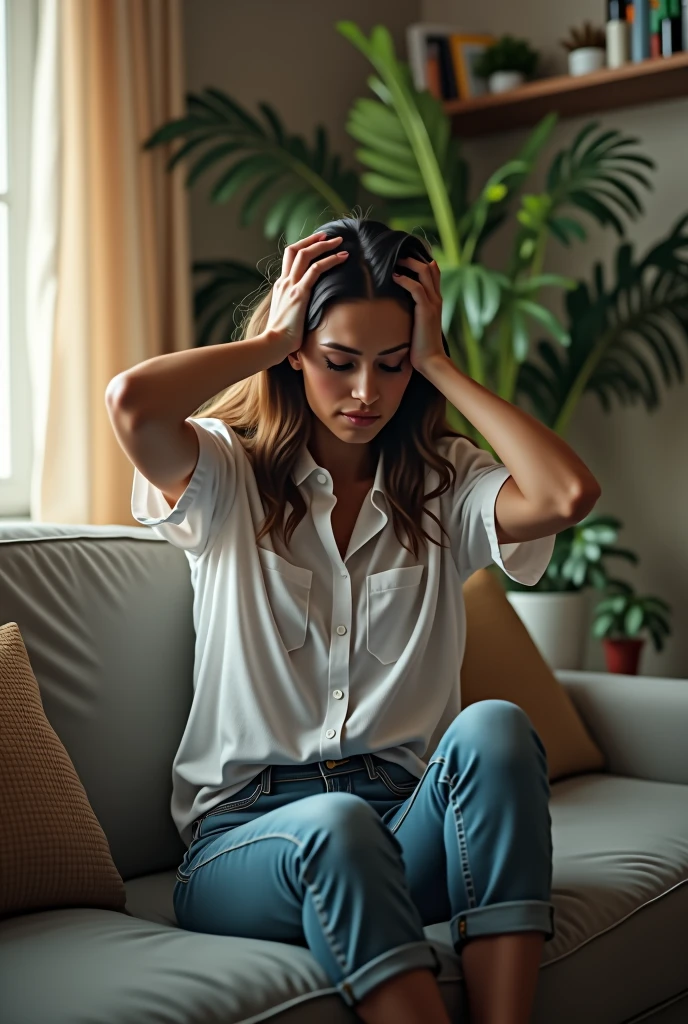 A Brazilian woman in her home, sitting not sofa, Wearing a white shirt and jeans, with their hands on their head and looking desperate because they don't know how to organize their wedding