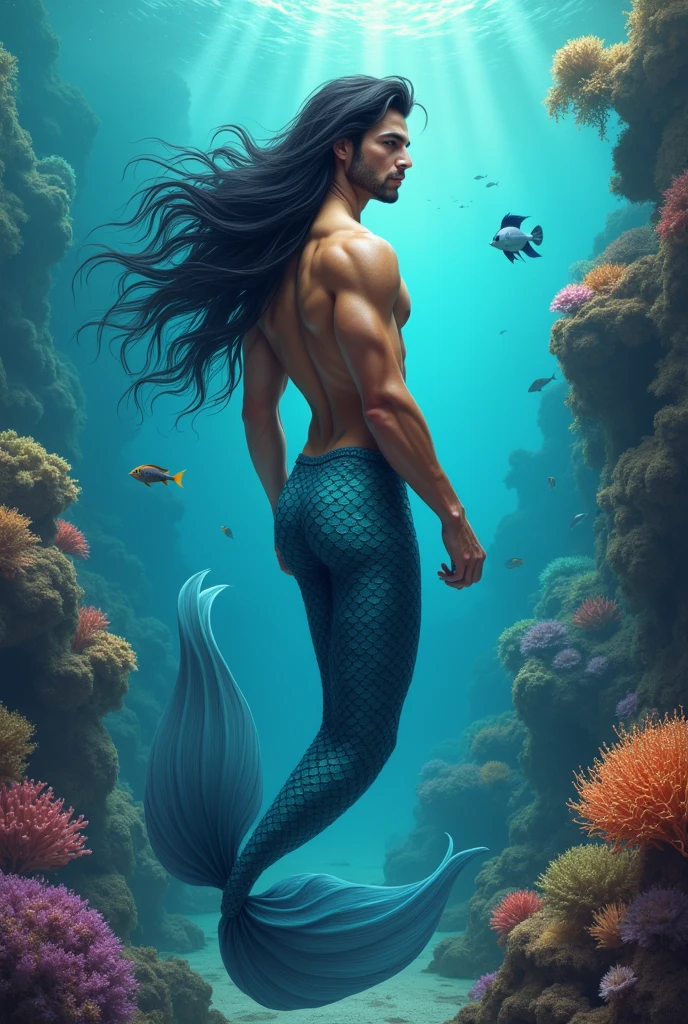 Handsome mermaid with blue tail and black hair