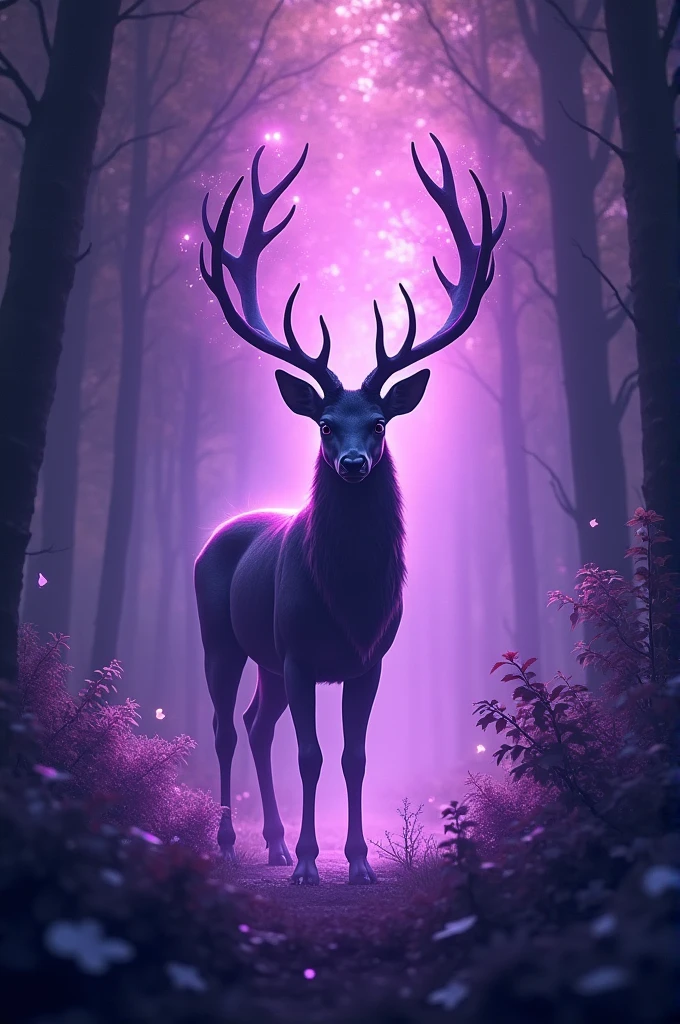 Purple magical forest with glow and a shadow deer in the middle looking straight