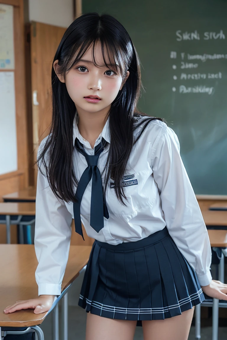 Browsing Caution,Highest quality,Ultra-high resolution,1 person,whole body,Black hair, cool expression,Looking into the camera,Beautiful and elaborate face,Fine and beautiful skin,Skin Texture,high school student,uniform, tie,Small breasts,Checked mini skirt,Classroom after school,Standing pose