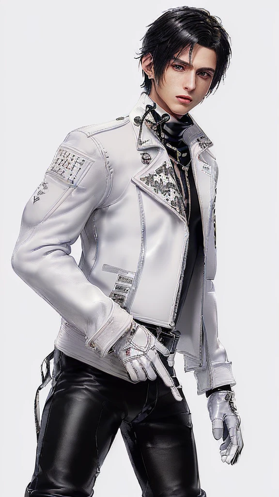 ((Final fantasy taste and reality graphics)), ((Japanese young cute and cool ikemen boy)), his age is early 20s, thin eyebrows and beady eyes, ((((he wearing white color leather very thick single-brest jacket)))),((((leather jacket is smooth luster and shiny)))), ((jacket with epaulet)), ((leather jacket close all zippers)),, ,(( jacket collar is very high length stand-up collar with belts)), , (((also wearing black color turtleneck polyester shirts))), (((tight black and leather pants))), ((((black leather tight and thin glove)))), ((black color leather knee-high raceup boots)),((show the boy whole body)), boy looks like fashion model,Do not show skin from the neck down,(((all his clothes are smooth design and very shining))),(((Avoid adding unnecessary decorations to your clothes))),(((all clothes is simple design and appearance))),(((don't wear jewelry on all clothes))),(((アヘ顔))),