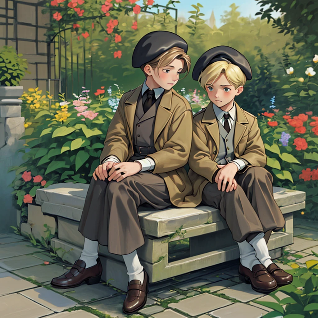 two boys, a taller one with dark brown hair and a shorter one with blond hair wearing clothes from the forties, wearing a beret crossing their little fingers in a promise sitting in a garden
