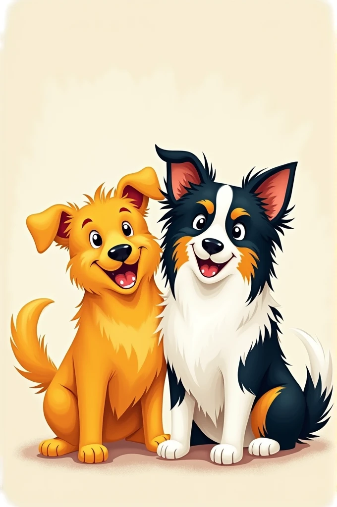 Draw a yellow mutt with its ears up, along with a border collie dog.
If you need more help, Just talk!