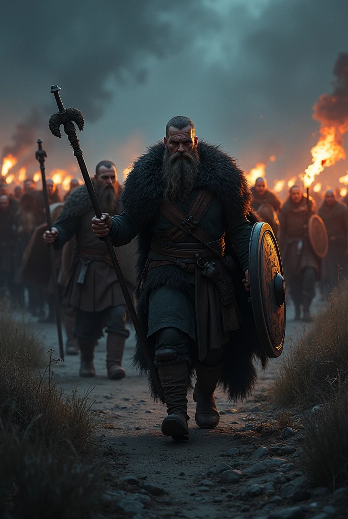 Vikings marching to war with drums weapons at night with torches hun and fire
