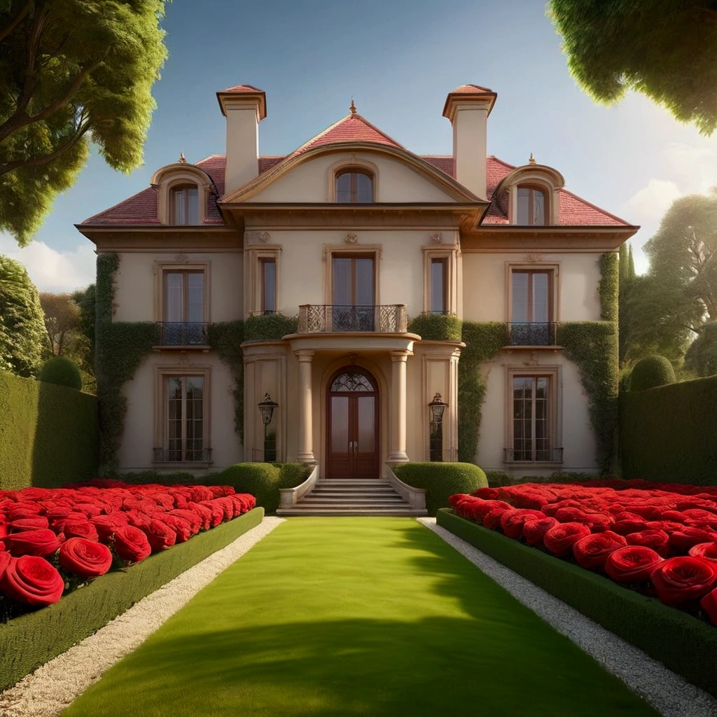 Huge and luxurious mansion garden, with space for cars to pass and a green lawn with some red roses
