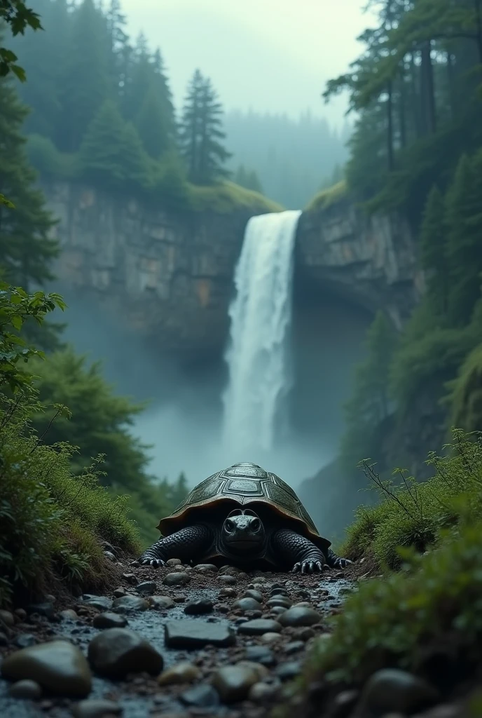 cinematic film still style ral-braynclz, a smile, Alien turtle emerges from hiding on mountain trail near waterfall., surrounded by volumetric vapors that create an ethereal atmosphere (water effect). The creature stands in front of a lush forest as a backdrop under a dark sky., Showcasing intricate details reminiscent of James Stokoe's artwork in 8K UHD resolution. . shallow depth of field, vignette, Very detailed, high budget, bokeh, cinemascope, moody, epic, gorgeous, film grain, grainy,
INFO