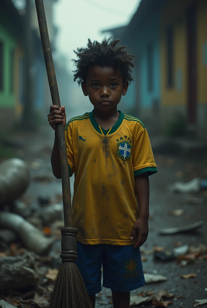 Child Street Sweeper from Brazil , with sad lookwith torn Brazilian soccer team shirt in suite sweeping trash on the street in the middle of autumn night with children