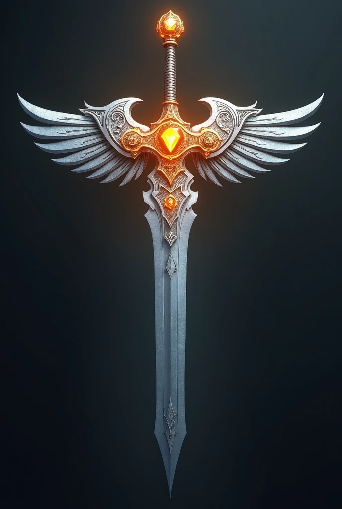 Gleaming silver xiphos sword, intricate blade resembling silver, amber-colored cross guard and grip, cross guard designed as eagle wings, central rainbow gem on the cross guard