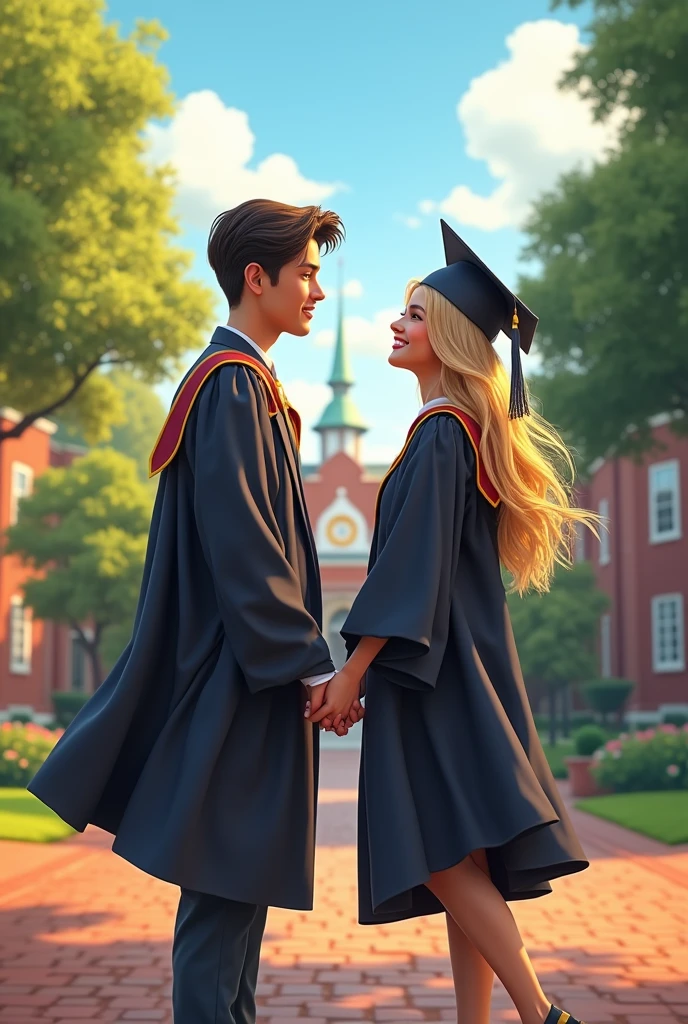 A girl graduating from college with long blonde hair, holding hands with dark haired boy