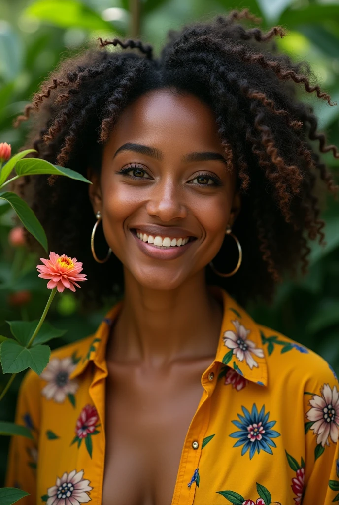 A Brazilian woman in a lush tropical garden, wearing an open shirt with a floral print, with a close-up capturing the harmonious beauty between her breasts and the natural flowers, showing off your natural charm and outgoing personality.