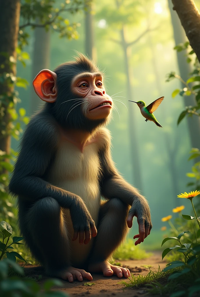 A very exhausted monkey, Hungry and thirsty, he asks a little hummingbird for help.