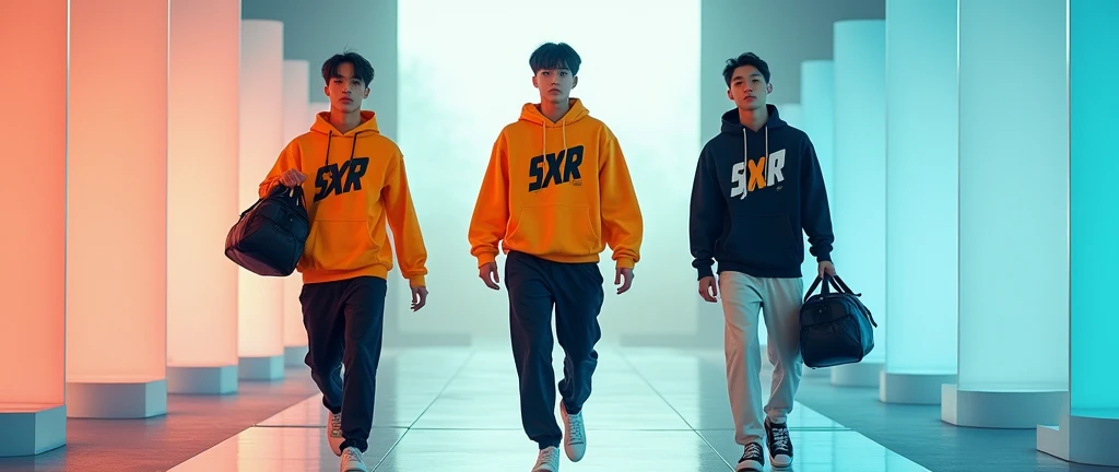 (photorealism:1.2), Three sportwear fashion handsome 18 yrs. old, k pop Asian male model, runway show full body holding sports bag pack, tank top casual wear style, SXR logo design, ultra-detailed, film photography, light leaks, trending on sportwear, sharp focus, studio photo, futuristic details, highly detailed