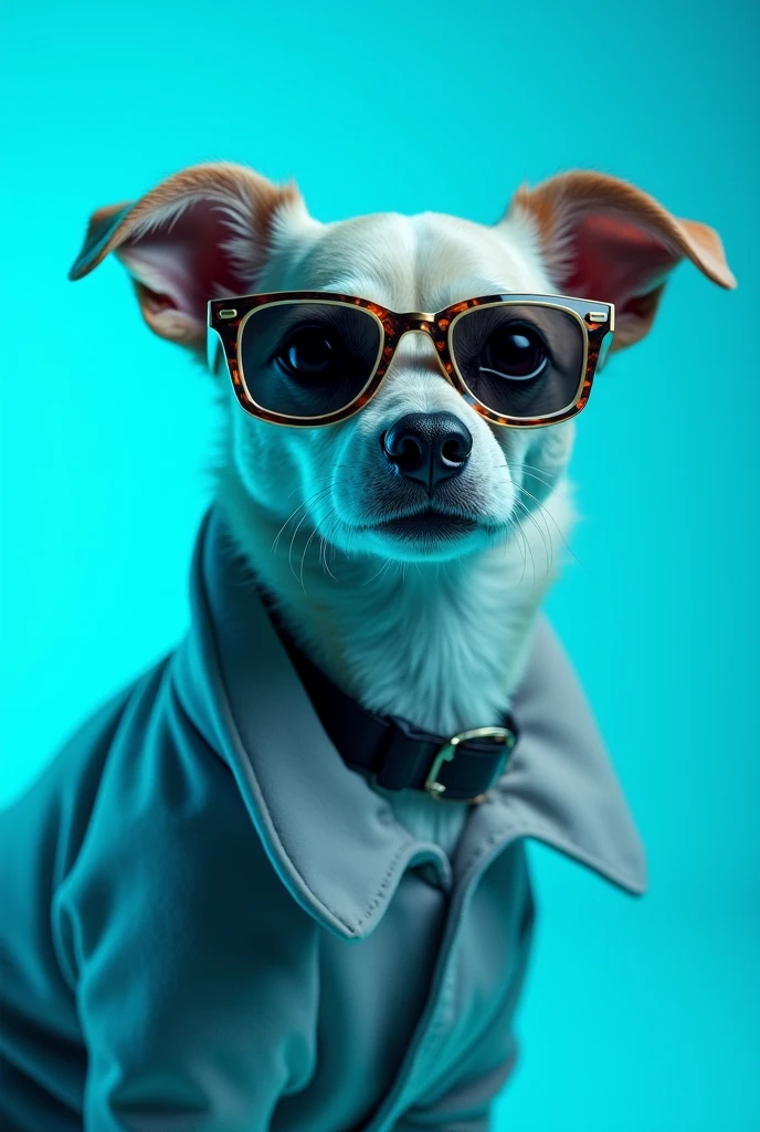 The best cell phone wallpaper, Award-Winning Wallpaper, portrait photography, In the front view is a portrait of a cute dog wearing mid-1960s space age fashion, Side view photo, Shot with Canon EOS R5, Set a strong contrast that accentuates the subject, Fluorescent blue tone, Wearing a very modern coat and sunglasses is a modern 1960s style, Clothes all in one color, beautiful background