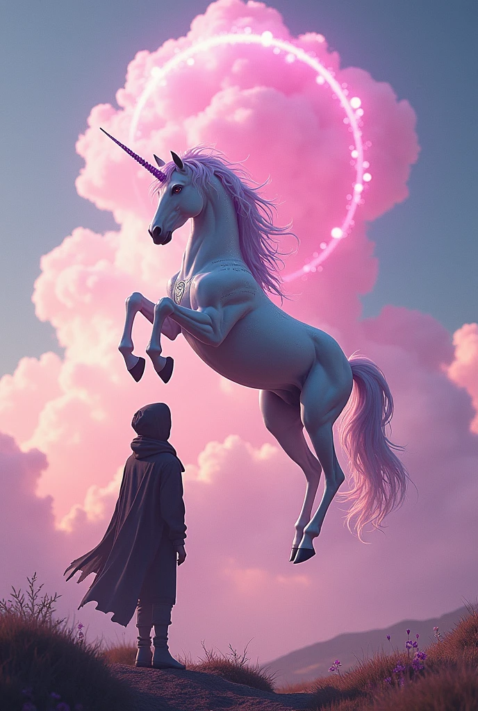 "As the Sujeto wanders, a pink, mystical cloud forms above them in the sky, out of which descends a majestic unicorn named Cambri. Cambri is not your typical unicorn; it has a sleek, futuristic look with metallic hooves and a glowing horn, yet its body is adorned with ancient runes and a flowing mane that sparkles with stardust. The scene captures the moment of wonder as the Sujeto looks up, eyes wide in awe, while Cambri hovers gracefully, a symbol of hope and guidance."