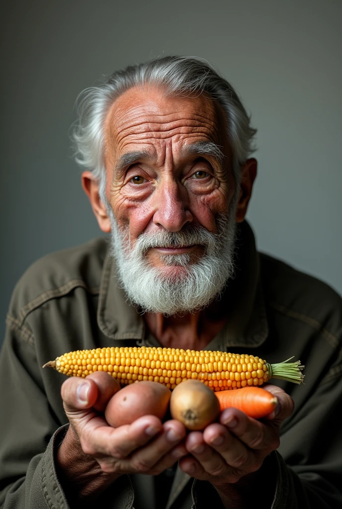 Very wide portrait of an elderly man with weathered features. Your skin is wrinkled with age spots, deep lines around the eyes and mouth. He has clear and expressive eyes that convey wisdom and life experiences.. He sports a well-groomed white beard and neatly combed gray hair.. He was holding sweet potatoes, carrot and corn.
