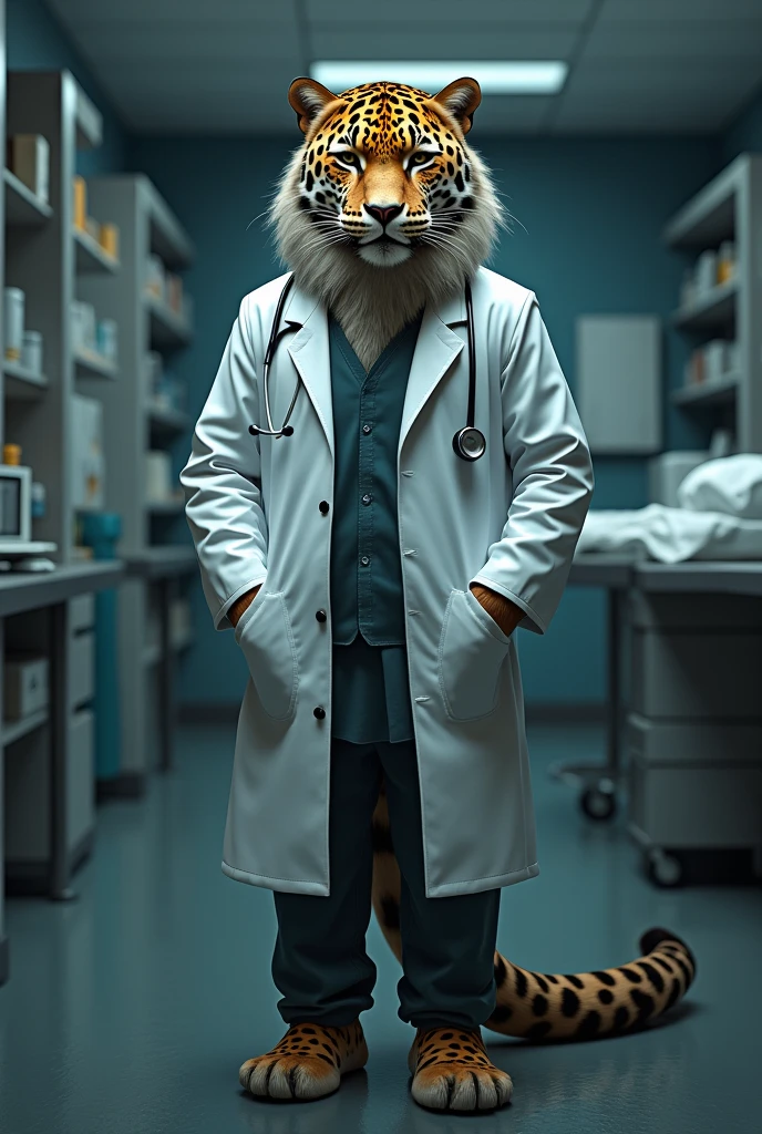 Jaguar dressed as a doctor with long hair