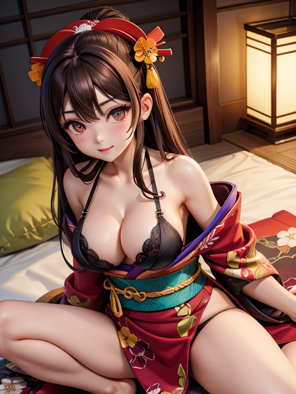 Vivid Kimono　Big Breasts　Brown Hair　older sister　Black Bra　whole body　Sexy underwear　Spread your legs　Nipples　Oiran