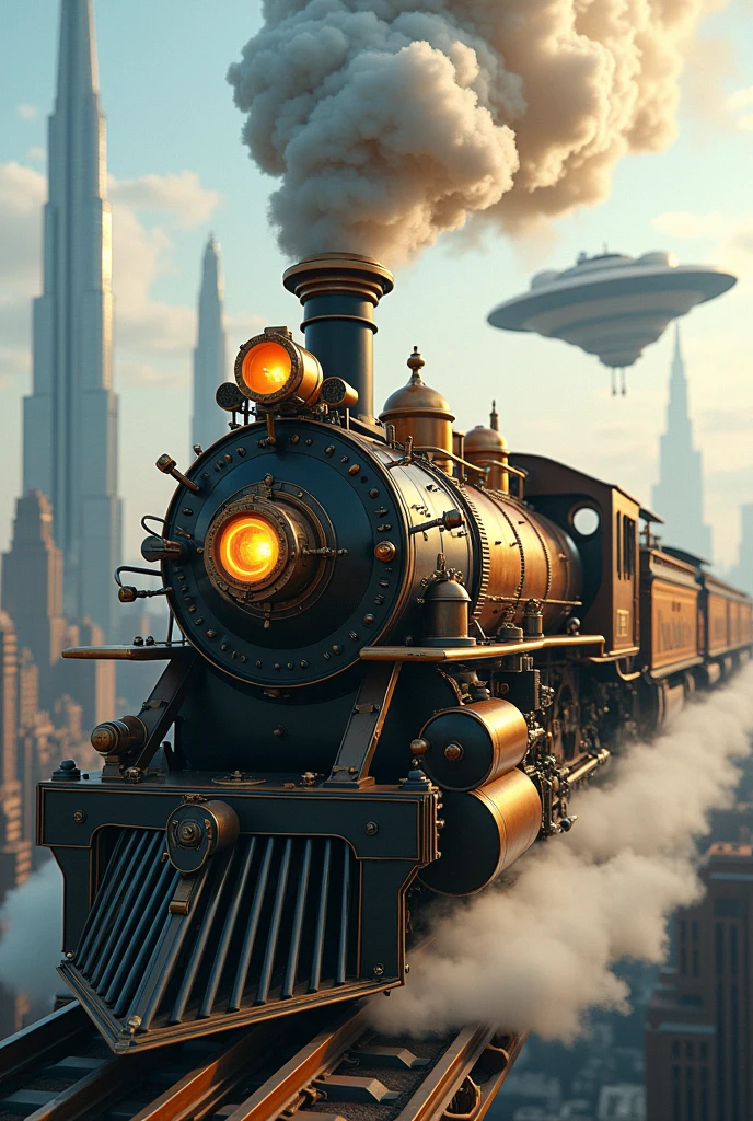 A futuristic train powered by steam and gears