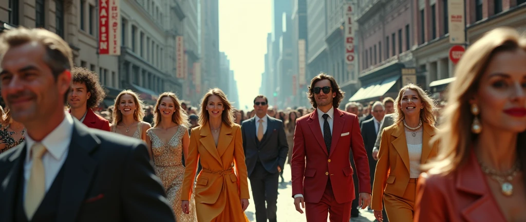 a bustling cityscape of new york city in 2020, a diverse crowd of happy people walking on the streets, elegant men and women, intricate fashion details, lively atmosphere, dynamic poses, cinematic lighting, vibrant colors, 8k, photorealistic, highly detailed, masterpiece