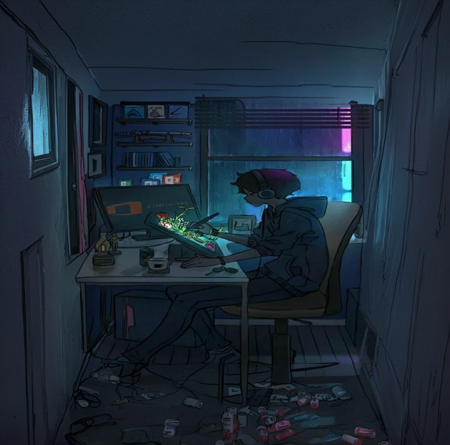 Cut the lights out of room, leaving a dark environment, beyond the window there should be a ominous alleyway with no lights beside a deep red light, the room should also have pill bottles scattered around the apartment.