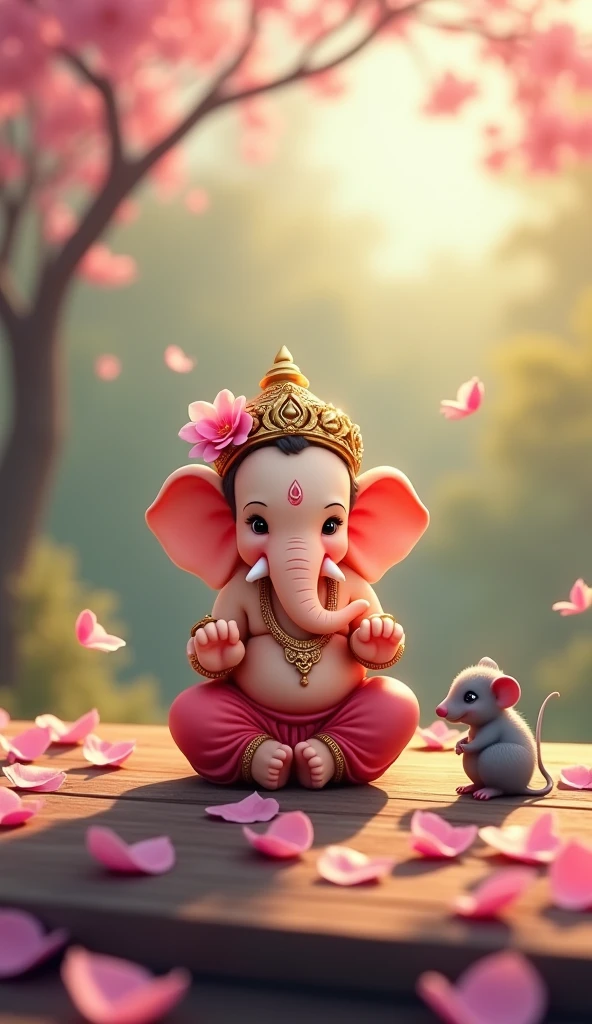 The image is a digital illustration of Lord Ganesha, the Hindu god of wisdom and success. He is depicted as a small elephant with a crown on his head and a pink flower in his hair. The elephant is sitting on a wooden surface with pink petals scattered around it. Next to the elephant, there is a small grey mouse. The background is blurred, but it appears to be a garden or a park with trees and flowers. The overall mood of the image is peaceful and serene.