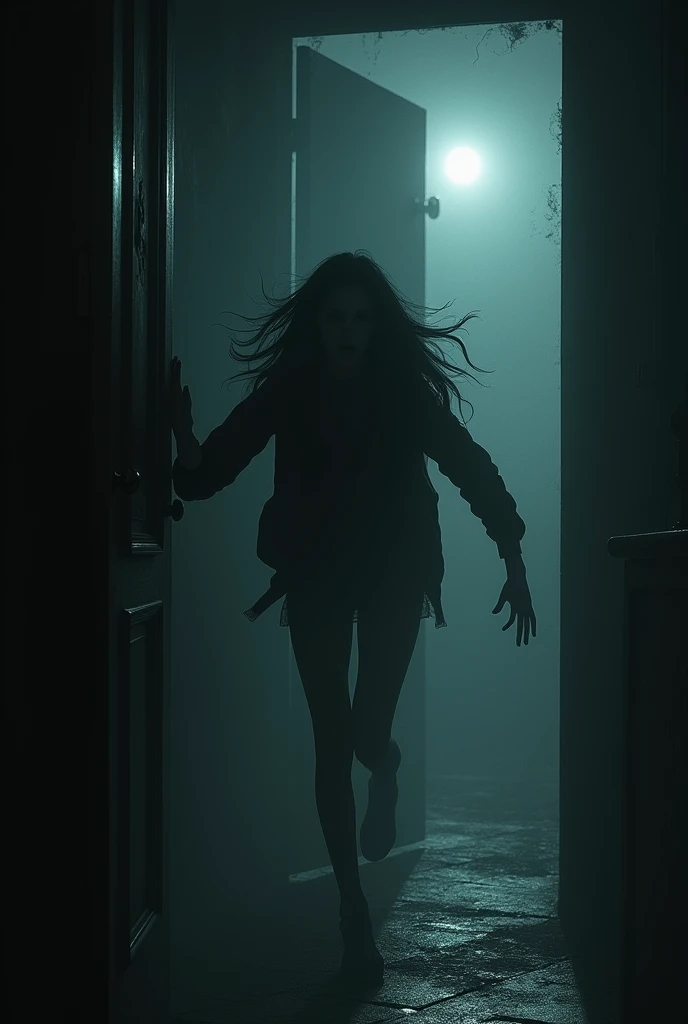 Ana escaping from the desperate house, with the door ajar desperately escaping from someone very dark