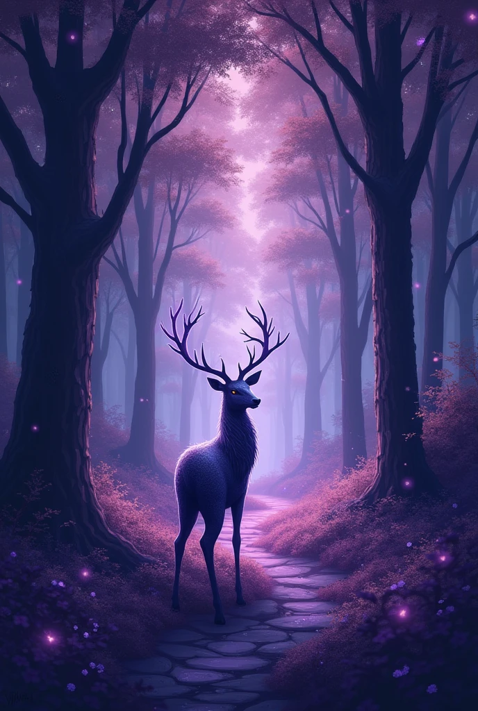 Simple drawing of a purple magical forest with glitter and a shadow deer in the middle looking straight ahead