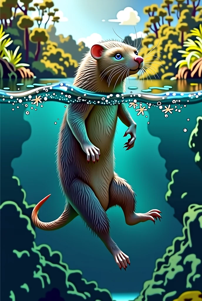 A split design showing half of the Rakali underwater, with a vibrant, clear blue river scene, and the other half above water, depicting lush Australian wetlands or riverbanks. This split design visually showcases its amphibious with background A split design showing half of the Rakali underwater, with a vibrant, clear blue river scene, and the other half above water, depicting lush Australian wetlands or riverbanks. This split design visually showcases its amphibious nature.