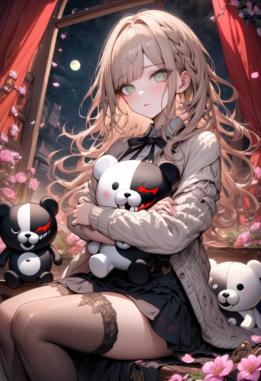 Ultra detailed, highres, absurdres, HDR, master piece, Aida, ash blonde hair with bangs, medium length hair, expressive light green eyes, Danganronpa, black ribbon at the side of her hair, white cardigan with black patterns, black skirt, pink flowers, petals, moon, window, red curtains, woman sitting, solo, extremely beautiful, very detailed face and eyes, best quality, fantasy, magical, black gloves, holding a plushie of Monokuma, black stockings