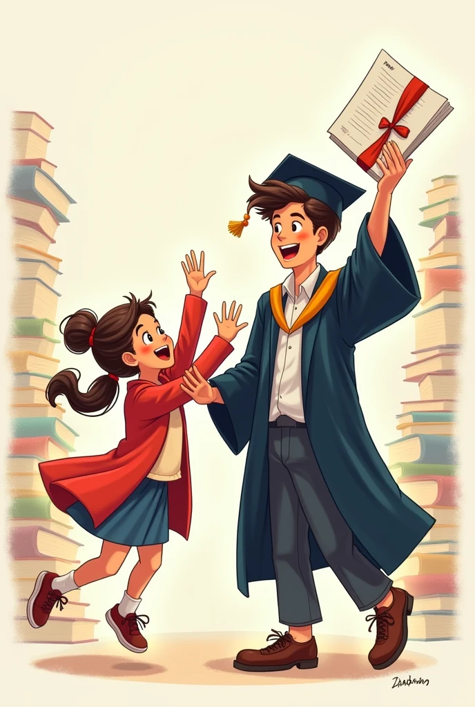 Cartoon of a girl jumping and hugging a young man in graduation gown raising his hand and holding his graduation certificate looking forward. High resolution drawing of cm lines and hidden white illustrated books.