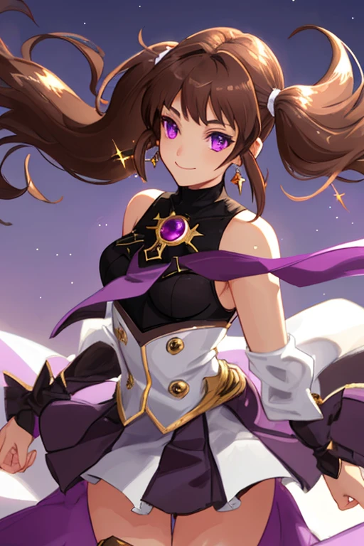 solo, High resolution, smile, Purple eyes, Crescent-shaped earrings, Brown Hair, Low twin tails, Hair blowing in the wind, Sparkle Effect,Warrior,Thighs,Luxurious sword,High angle,Wink 