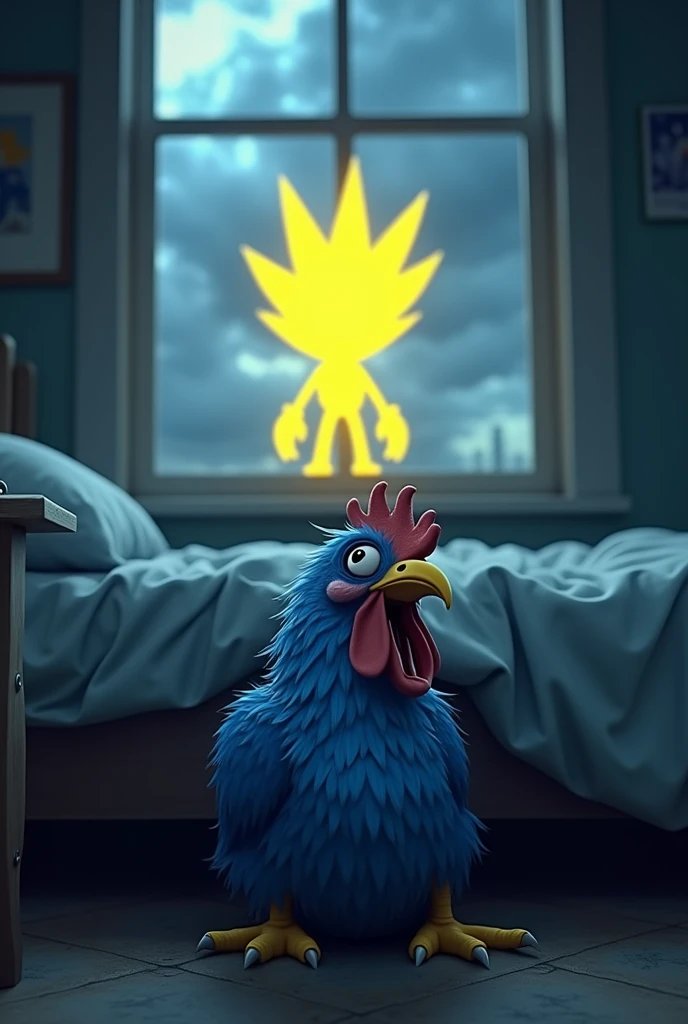 Blue chicken under the bed scared of storm and strong yellow sonic outside the window