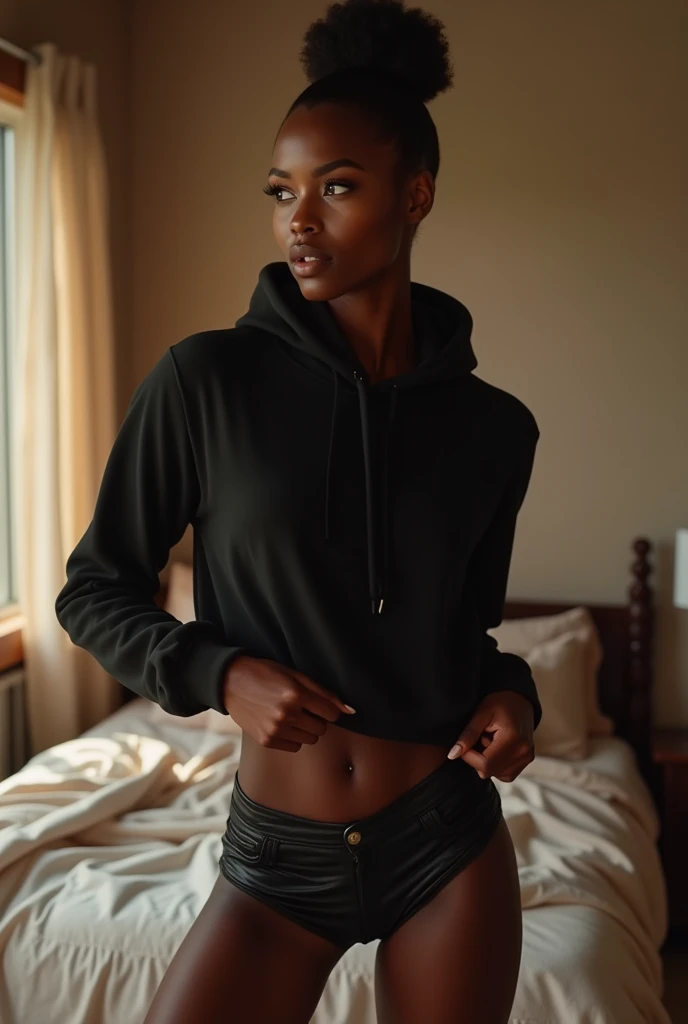 black woman hair in a bun black hoodie bending over pulling up her black leather short shorts up her legs. in her bedroom putting on her clothes