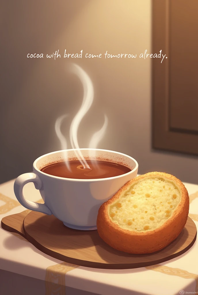 A cup with cocoa in a drink and a bread next to it with the phrase "Cocoa with bread, come tomorrow already." Smiled