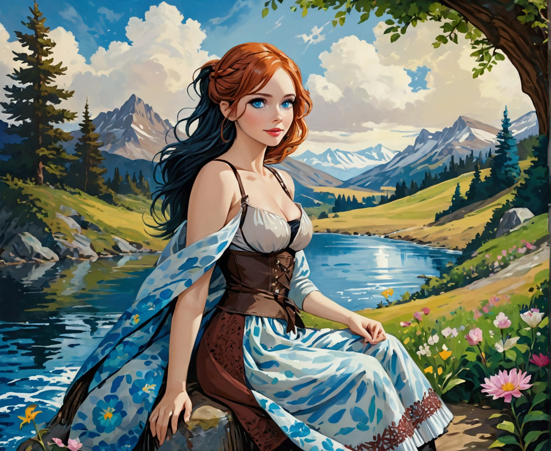 A Blonde Woman With Messy Hair, Pale Skin, & Red Lipstick On A Rock Overlooking A Mountain Valley & Alpine Lake. Wears A Dress With Woodcut Patterns, A Black Knee-Length Pleated Skirt With Blue Embroidery, & A Norwegian Sweater With Rosemaled Designs. Her Face Is Round With Full Features & A Wide Smile, Her Eyes Are Detailed And Wide, & She Poses Dynamically. Digital Painting Is In 4K Ultra HD, Rococo-Inspired Fantasy Art With Intricate Details. She Has A Cute, Charming Expression & A Alluring-Gaze, With Beautiful Blue Eyes & An-Ideal-Hourglass-Figure. Dawn Wells.